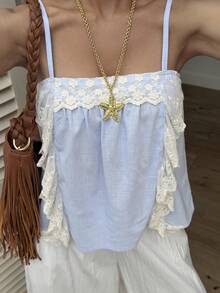 Livesso Women's Lace Patchwork Ruffle Casual Versatile Daily Wear Camisole Top Summer - Blue - View 1