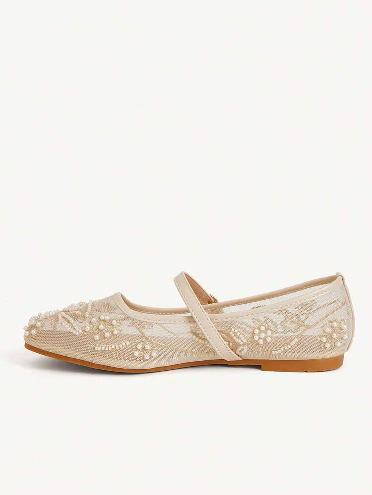 CUCCOO CHICEST Spring And Summer New Round Head Flat Bottom Apricot Mesh Embroidery Sewing Beads Women's Flat Sole Shoes Fashionable, Elegant, Comfortable And Gorgeous Wedding Banquet Women's Shoes Mary Jane Flats
