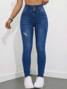 Women's High Stretch Stretch Jeans Tight Blue Set Double Set - Azul Medio Clásico y Azul Denim Intenso - View 3