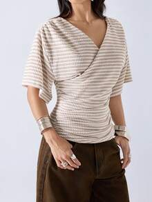 LYSMO 2026 New Arrive Minimalism Spring/Summer Women's V-Neck Striped Casual Versatile Daily Wear T-Shirt,Summer Top - Apricot - View 4