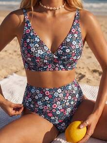 Swim Mod Plus Size 2 Pieces Swimwear Set, Navy Blue, Summer, Boho, Beach, Holiday, Ditsy Floral, Criss-Cross Front, Adjustable Straps, High-Waisted Bottoms, Pool Wear - Multicolor - View 1
