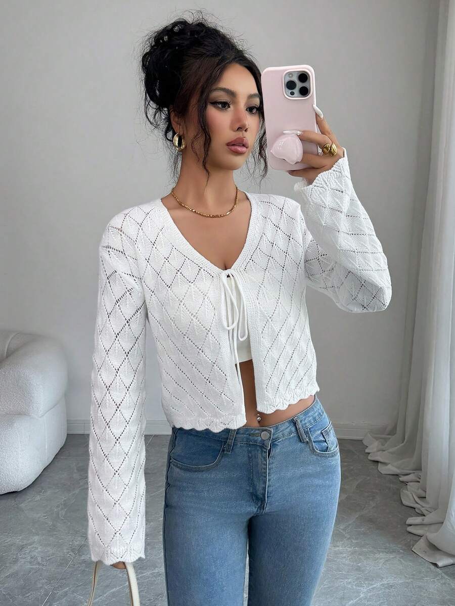 Elenzga Áo khoác cardigan mỏng tay loe dệt kim chất liệu đặc biệt dành cho nữ, kiểu dáng thường ngày, phù hợp đi làm, đi nghỉ mát, mùa xuân/hè. - trắng - Xem 1