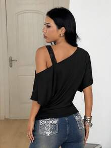 Coolane Women's All-Season Summer Concert Rave Y2K Basic Daily Wear Essentials Off The Shoulder Contrast Lace Waist-Cinched Black T-Shirt Summer For Women, Summer Top - Black - View 7