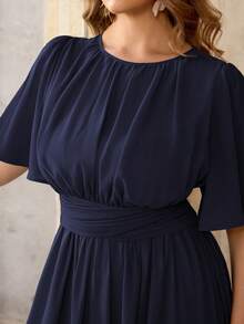 Roveilla Đầm maxi nữ cỡ lớn mùa xuân/hè kiểu Pháp lãng mạn Sicily thanh lịch thường ngày đi làm, đi nghỉ mát, dự tiệc trà chiều, chất liệu chiffon màu trơn, cổ tròn, eo xếp ly, gấu váy xếp tầng, có lớp lót, không tay. - Màu xanh hải quân - Xem 7
