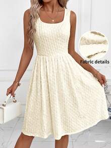 SHEIN Clasi Đầm nữ thanh lịch màu xanh dương họa tiết dệt nổi, không tay, dáng chữ A, thắt eo, chất liệu co giãn, phù hợp cho nhiều dịp - thường ngày, đi làm, du lịch, nghỉ mát, phong cách Bohemian. - Màu be - Xem 1