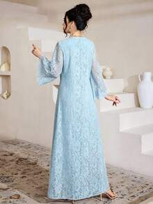 SHEIN Najma Đầm xòe tay lửng 3/4 cổ vuông phối ren tua rua dành cho nữ - Màu xanh lam - Xem 5