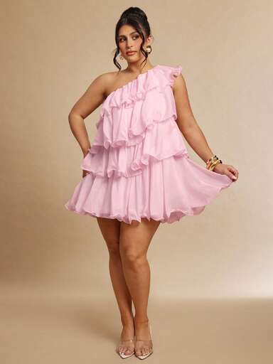 Gossip Girl X SHEIN SHEIN BAE Plus Size Women's Elegant Sexy Ruffled Layered Pink Party Dress