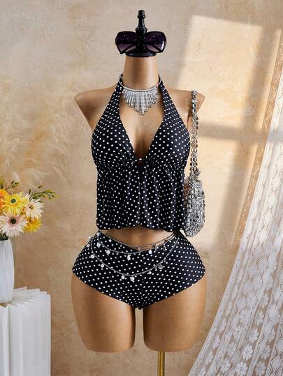 Bellisia Áo hai dây bikini hai mảnh họa tiết chấm bi đen trắng phong cách Pop Art cổ điển năm 2026, thích hợp cho mùa hè, đi biển, tiệc bể bơi, kỳ nghỉ, phong cách thường ngày dành cho nữ.