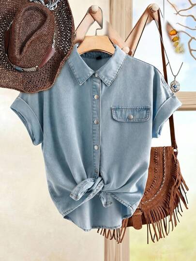 EMERY ROSE Mature Denim Women's Short Sleeve Single-Breasted Casual Denim Shirt Beach
