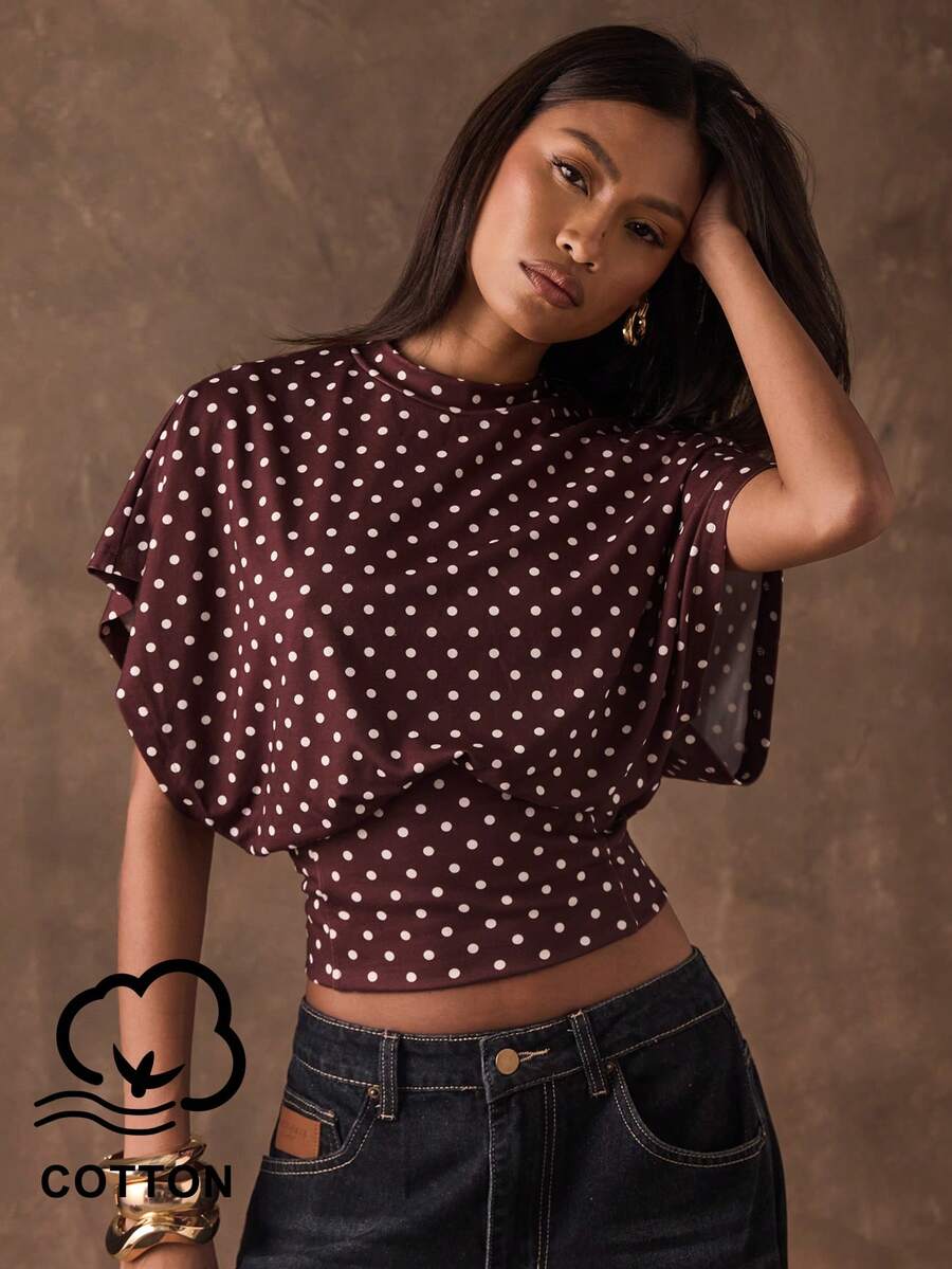 SHEIN BAE 女士波点休闲百搭日常穿搭T恤 - 棕色 - 查看 1