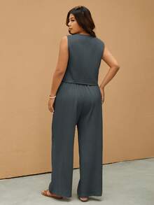 Elaquor Plus Size Casual Solid Color Vest And Pants 2 Pieces Set - Dark Grey - View 3