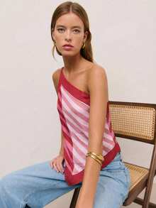 Nöista Top halter a rayas con tirantes plateados ajustables y un lazo en la espalda con cierre de moño para un ajuste personalizable. Primavera, verano, mujer. - Rosa - Ver 6