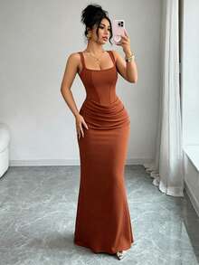 Selianne Đầm hè gợi cảm mới, đầm đen, cổ vuông kiểu Pháp, viền corset giả, dáng đuôi cá, thiết kế xếp ly eo, đầm đuôi cá, đầm dự tiệc cưới, thích hợp cho kỳ nghỉ, hẹn hò, tiệc tùng, ngày Valentine, đám cưới. - Màu nâu  Mocha - Xem 4
