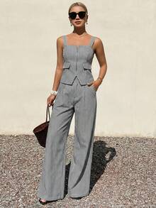 DAZY Women's Denim Bib Top And Loose Wide-Leg Pants Casual Denim Suit - Blue and White - View 2
