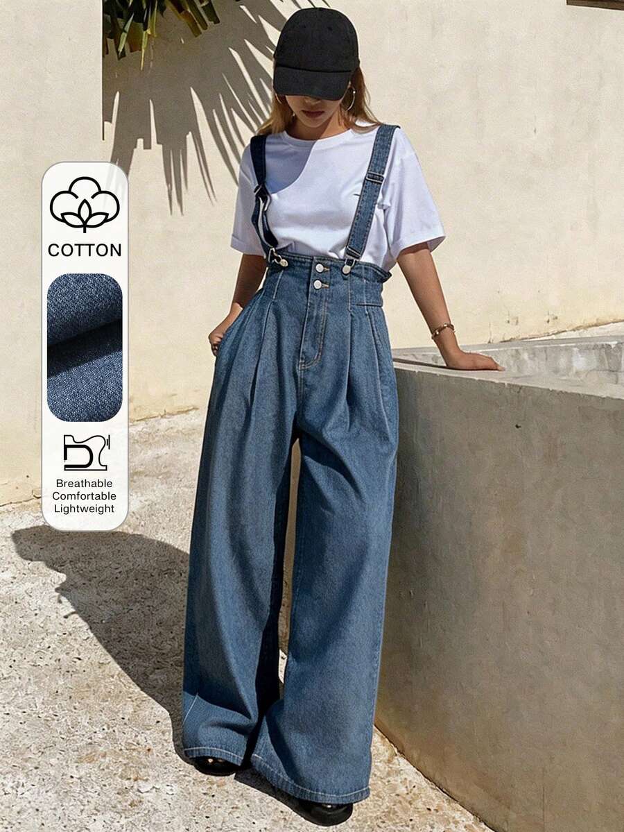 DAZY Quần yếm denim nữ cổ cao dáng rộng, có thể điều chỉnh kích cỡ. - Rửa trung bình - Xem 1