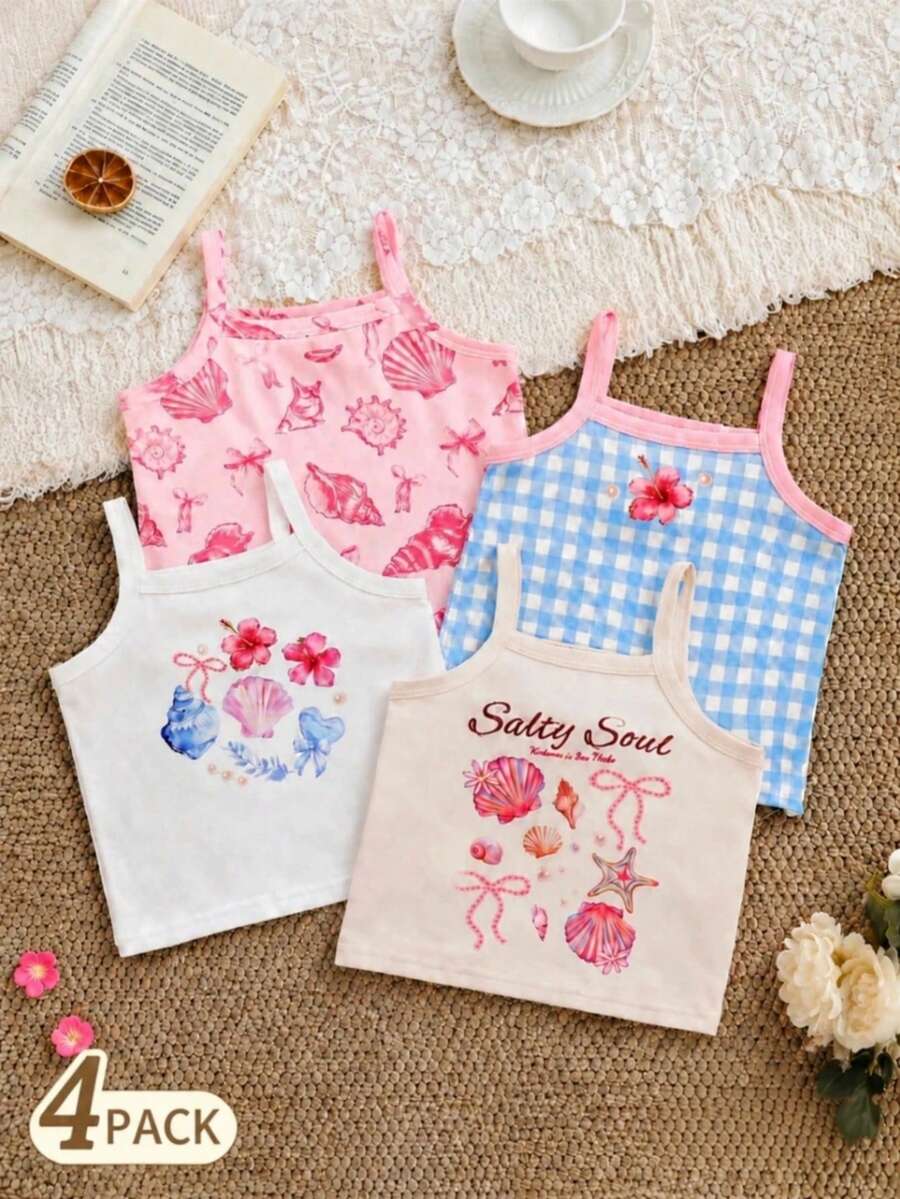 SHEIN 4件組女嬰鄉村風碎花舒適時尚可愛細肩帶背心上衣,春夏款 - 彩色 - 查看 1