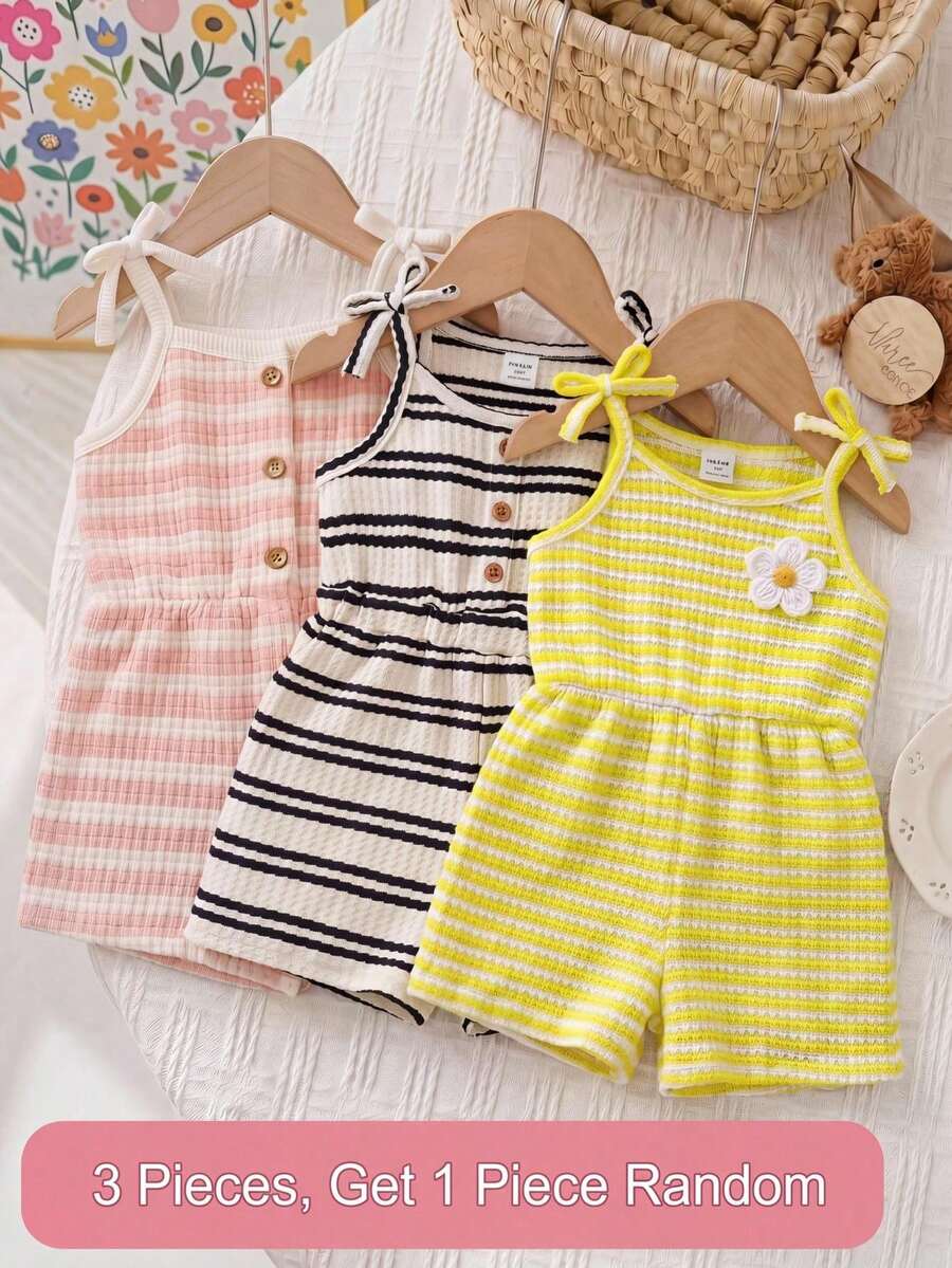 SHEIN Mono de punto suave a rayas para bebé niña - Amarillo - Ver 1
