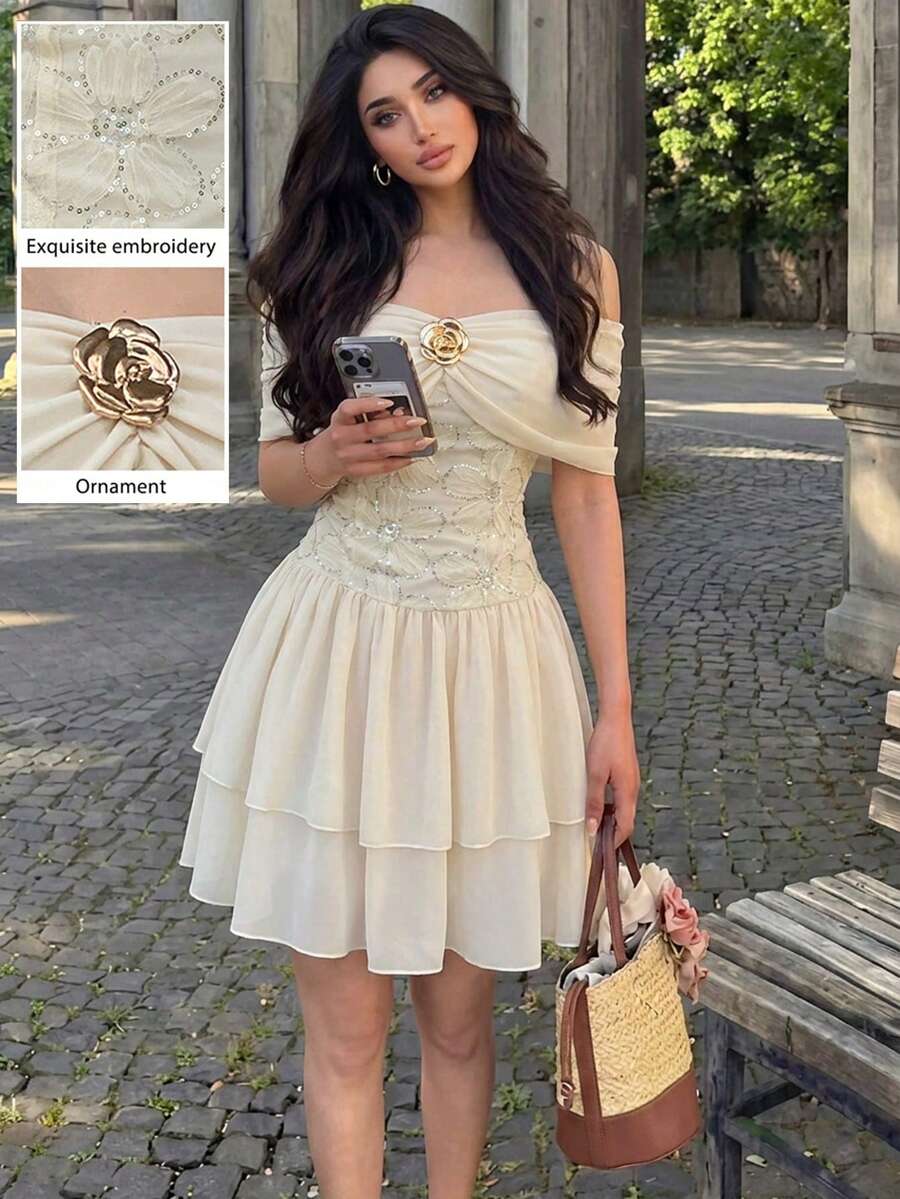 Modelyn 浪漫束腰甜美迷你连衣裙 - 杏色 - 查看 1
