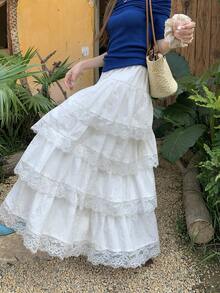 DAZY Falda acampanada con cintura elástica y encaje de contraste, con volantes en el bajo. Falda casual de verano para mujer - Blanco - Ver 6