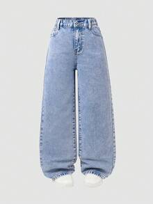 SHEIN Quần jeans ống đứng cạp chun co giãn kiểu Y2K cho bé gái tuổi teen, túi phẳng, trang phục thường ngày cho bé gái. - Rửa nhẹ - Xem 4