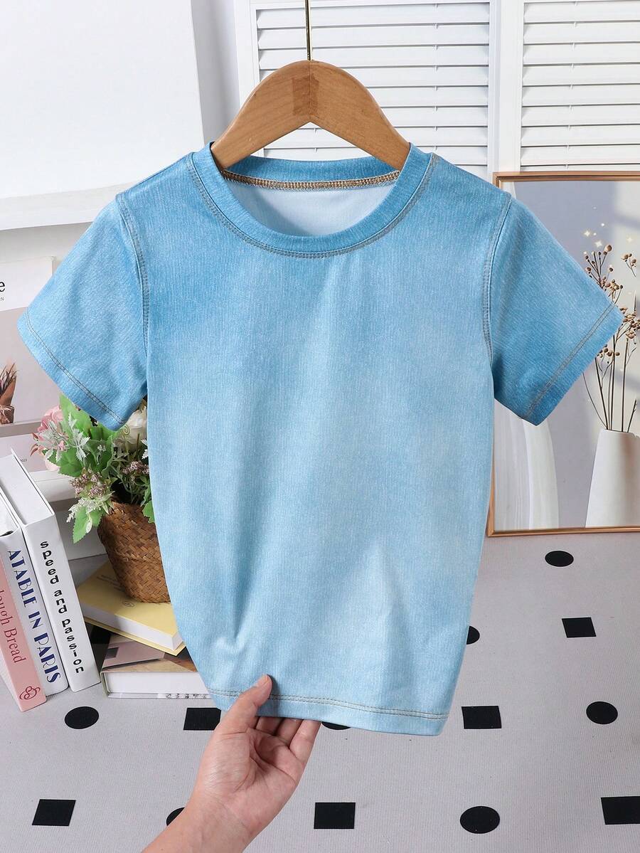 Elladie kids Áo thun ngắn tay mùa hè cho trẻ em, màu xanh denim nhạt, kiểu dáng tối giản, thoải mái, phù hợp cho các hoạt động ngoài trời. - Màu xanh lam - Xem 1