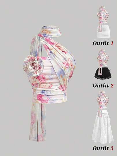 SHEIN MOD Blusa casual versátil de uso diario con decoración floral 3D y fruncido para mujeres