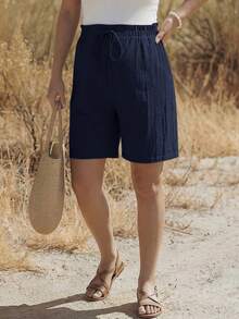 Boho Mama Adjustable Waist Textured Maternity Shorts, Fashionable Versatile Solid Color Tie-Up - Royal Blue - View 4