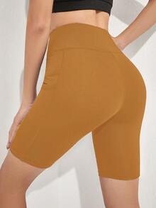 Easithlete Women's Solid Color High Waist Pocketed Casual Fitness Shorts - Ginger - View 2