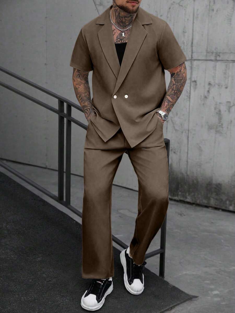 Manfinity CasualCool Bộ áo sơ mi nam hai hàng cúc tay ngắn và quần ống rộng túi xéo kiểu dáng thường ngày. - Cà phê nâu - Xem 1