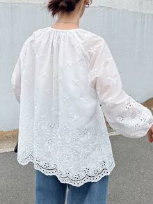 FRIFUL Women's White Embroidered Blouse With Tie Collar And Ruffle Trim, Mori Girl Style For Spring/Summer - White - View 2