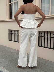 DAZY Cotton White Bustier Ruffle Hem Top And Casual Jeans Pants Set, Suitable For Party, Beach, Holiday, Summer - White - View 2