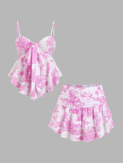 Qadelle Summer Romantic Vacation Casual Floral Print Camisole Spaghetti Strap Irregular Ruffle Hem Cropped Top And Tiered Ruffle Hem Skirt 2-Piece Set For Women