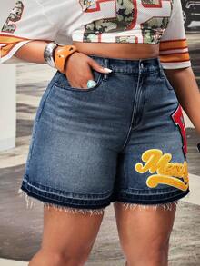 Slaydiva Plus Size Women's Non-Stretch Denim Shorts, American Retro Multicolor Letter Embroidered Pattern Straight Leg Jeans Shorts - Medium Wash - View 5