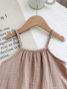 SHEIN LMoss Kids 女童夏季休闲宽松吊带背心和荷叶边短裤两件套 - 卡其色 - 查看 5