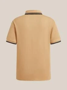 VeloEdit Men's Striped Short Sleeve Casual Commuter Polo Shirt - Khaki - View 2