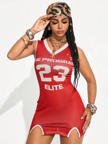 Gowayae Gowayae Women's Retro Street Sports V Neck 23 Numbers Letters Printed Mesh Fitted Side Slit Sleeveless Dress,Red And White,Summer,Athletic,City Break,Summer - Red - View 5