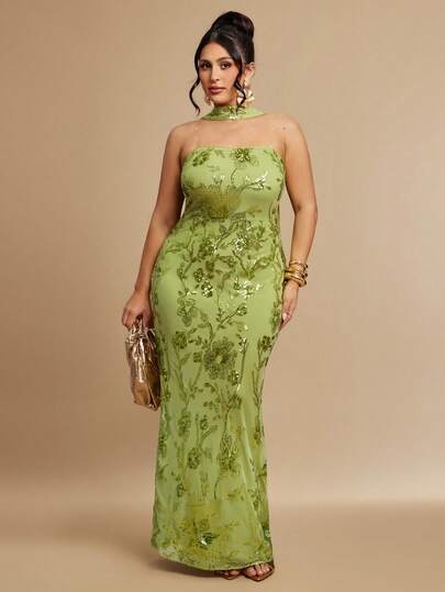 SHEIN BAE Plus Size Women's Green Sequin Maxi Halter Dress, Luxury Shiny Holiday Gown