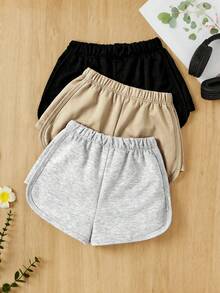 SHEIN 3pcs Tween Girl/Tween Girls Solid Color Knit Bow Shorts Set - Apricot - View 2