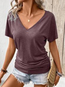SHEIN Frenchy Ladies Simple Solid Color Pleated Daily/Holiday T-Shirt V Neck Topsv Neck T Shirtdark Top,Summer Top - Burgundy - View 5
