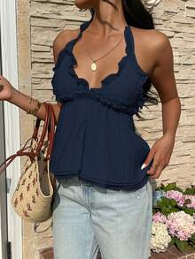 Serisse Women's Textured Sexy Ruffle Halter Neck Camisole Beach Vacation Navy Blue Summer - Navy Blue - View 5