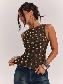 SHEIN BAE Women's Metal Plate Design Crew Neck Fitted Fashion Camisole - Black and Gold - View 7