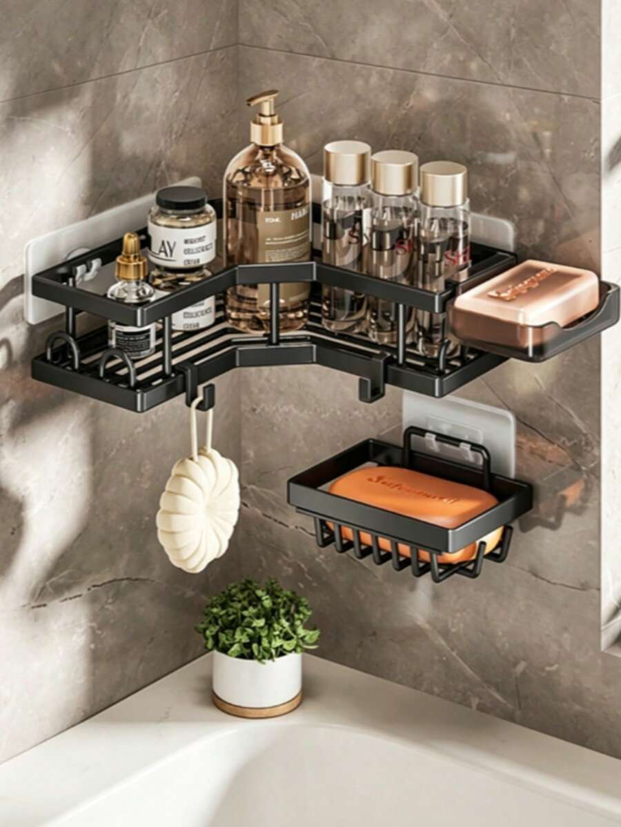Stainless Steel Bathroom Storage Rack Set, Corner Shower Caddy, Wall Mounted Adhesive Shower Organizer, Shower Gel Shampoo Soap Holder Home Bathroom Decor Bathroom Accessories Bathroom Organizer Fall Decor Back To School - Black - View 1