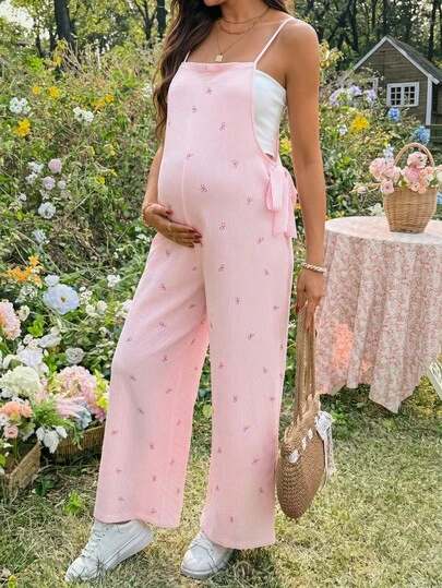 SHEIN Summer Outfits,Maternity Fashion Versatile Textured Bow Tie Print Loose Jumpsuit Pants Maternity Baby Shower Outfit Maternity Outfit For Photoshoot Maternity Coord Set Brunch Outfits For Women 2 Piece