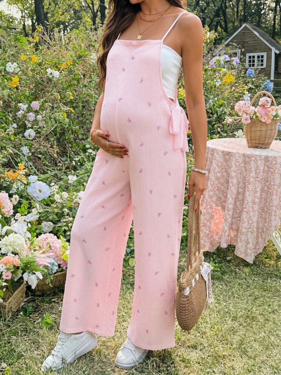 SHEIN Summer Outfits Maternity Fashion Versatile Textured Bowknot Print Loose Jumpsuit Baby Shower Photoshoot Outfit Coord Set Brunch Baby Pink Formal Cute