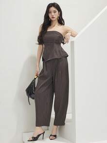 Heiryn Bộ đồ nữ thường ngày, thích hợp đi nghỉ mát và đi làm, gồm áo quây và quần dài in họa tiết kẻ sọc, kiểu dáng mùa hè. - màu nâu - Xem 2
