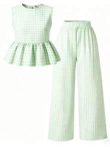 2pcs/Set Teenage Girls' Green And White Striped Sleeveless Ruffle Back & Oxford Waist Pants Summer Matching Family Vacation Outfit,Suitable For Outing - Green - View 2