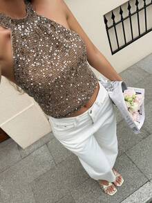 Lucivie Women's Elegant Coffee Brown Sequin Sparkly Halter Neck Top,Seksi Chic Backless Ruched Sleeveless Cami Blouse For Summer,Club Night,Party & Wedding - Brown - View 14