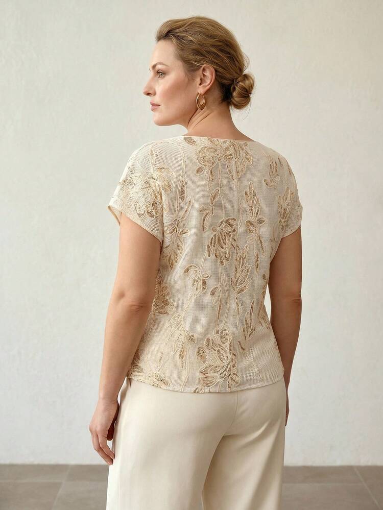 SUMMER BEADED SEQUIN HOLLOW FLORAL BLOUSE, FASHIONABLE UNIQUE DESIGN PLUS SIZE WOMEN SHIRT