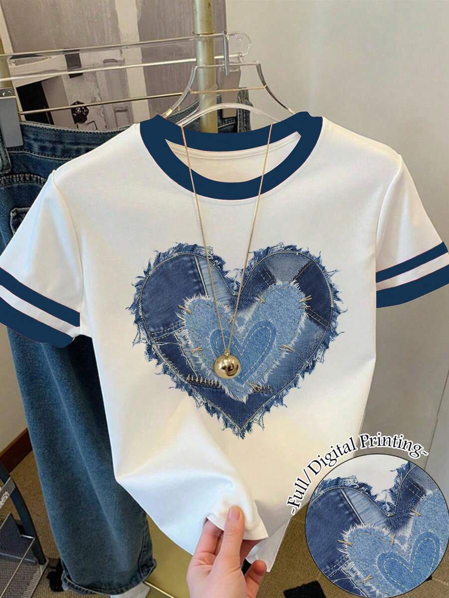 Áo thun ngắn tay cổ tròn phối màu tương phản họa tiết trái tim dành cho thiếu nữ - Nhiều màu - Xem 1