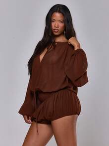 MUSERA Chiffon Bardot Off The Shoulder Keyhole Cutout Puff Shorts Playsuit Spring Summer Vacation Holiday Ibiza Boho Elegant Casual Beach Luxury Party - Brown - View 3